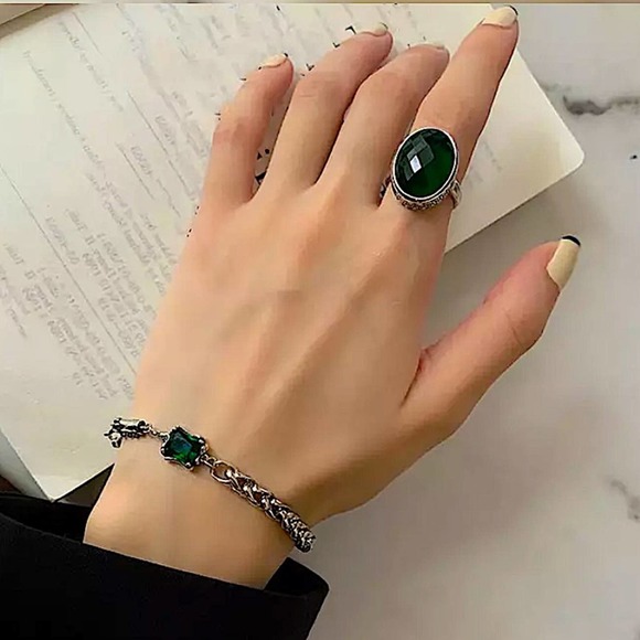 Sterling Silver Emerald Tube Chain Bracelet Matching Oversized Resizable Ring - Picture 1 of 8